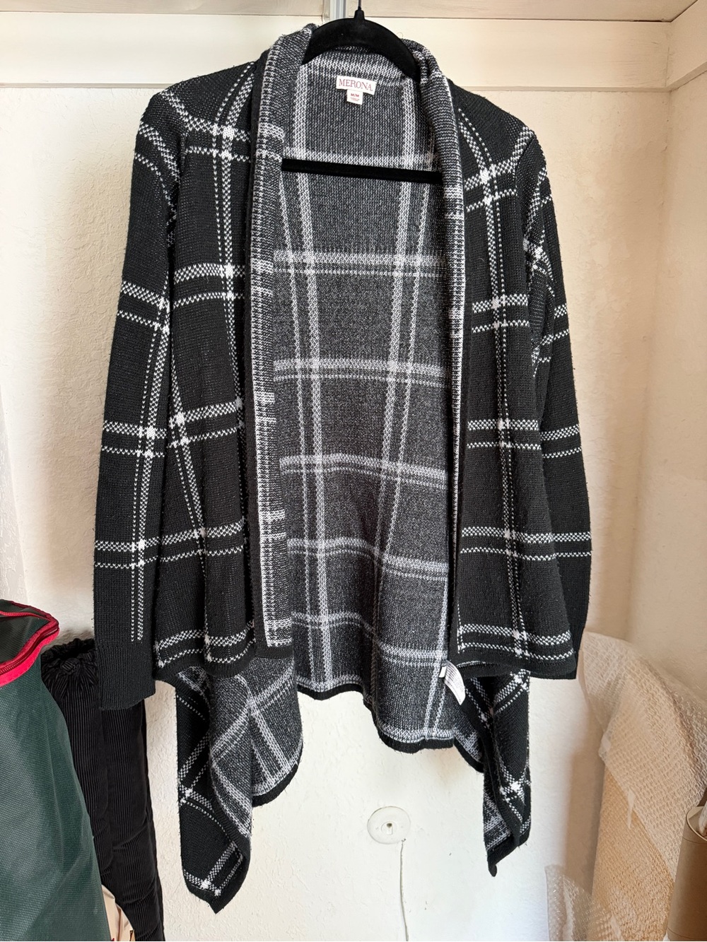 Merona Black and Gray Plaid Open-Front Draped Cardigan